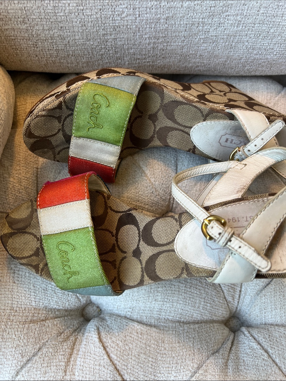 Coach Striped Multi-Color Canvas Platform Sandals with Ankle Strap